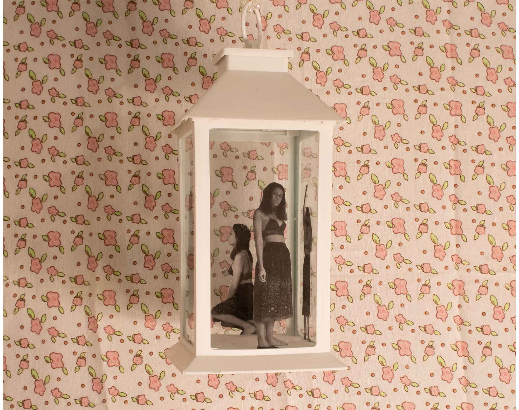 Black and white self portrait pasted inside each panel of a white plastic lantern hanging in front of a pink striped flower pattern.