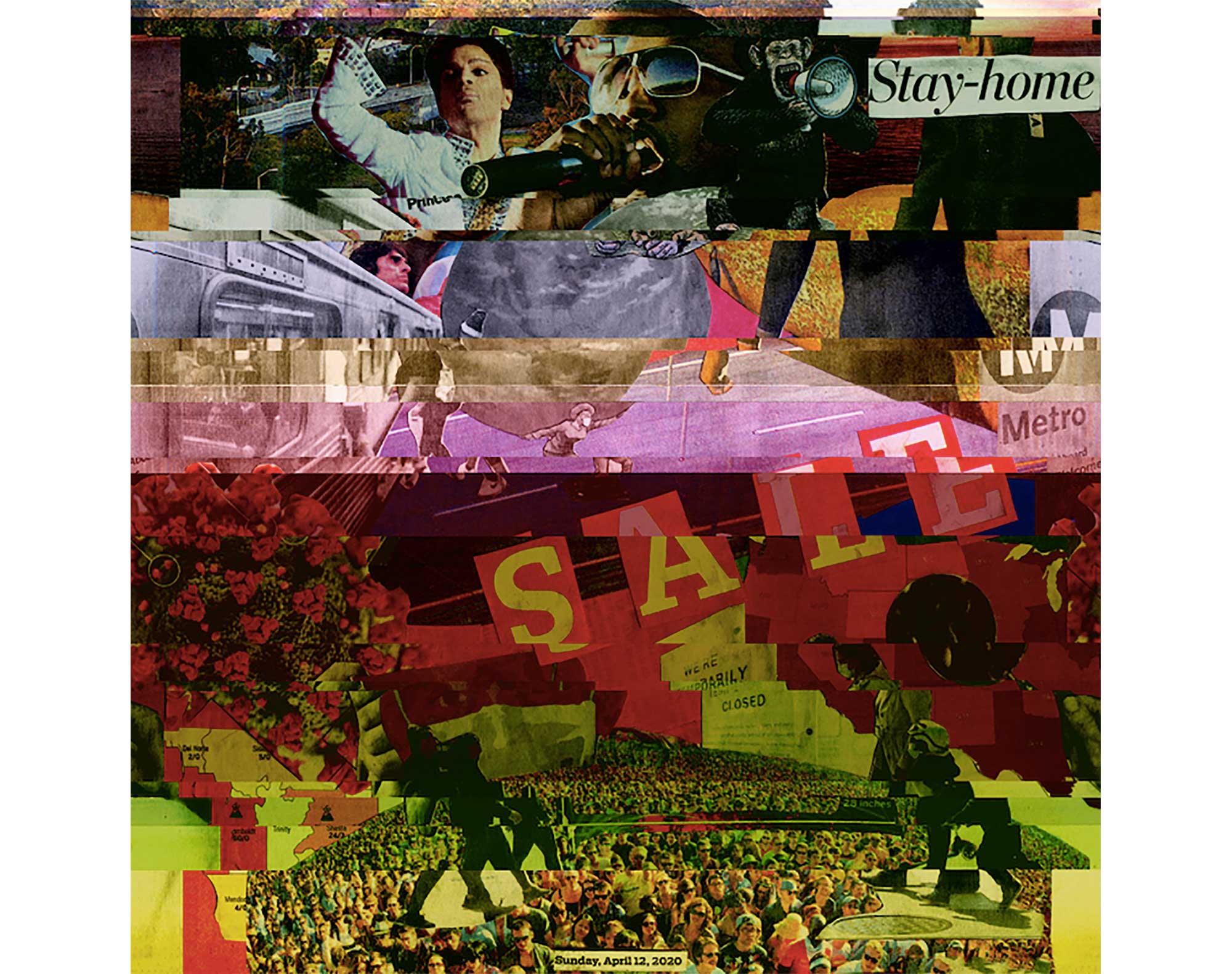 Images were taken from the Orange County Registers Sunday Newspaper and then further manipulated through scanning and code hacking. words on collage. SALE and STAY HOME)