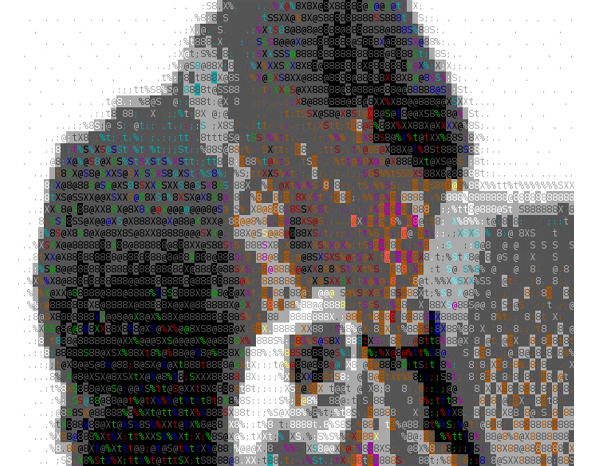 two figures made of letters, numbers and symbols, embrace as one figure whispers into the
ear of the other