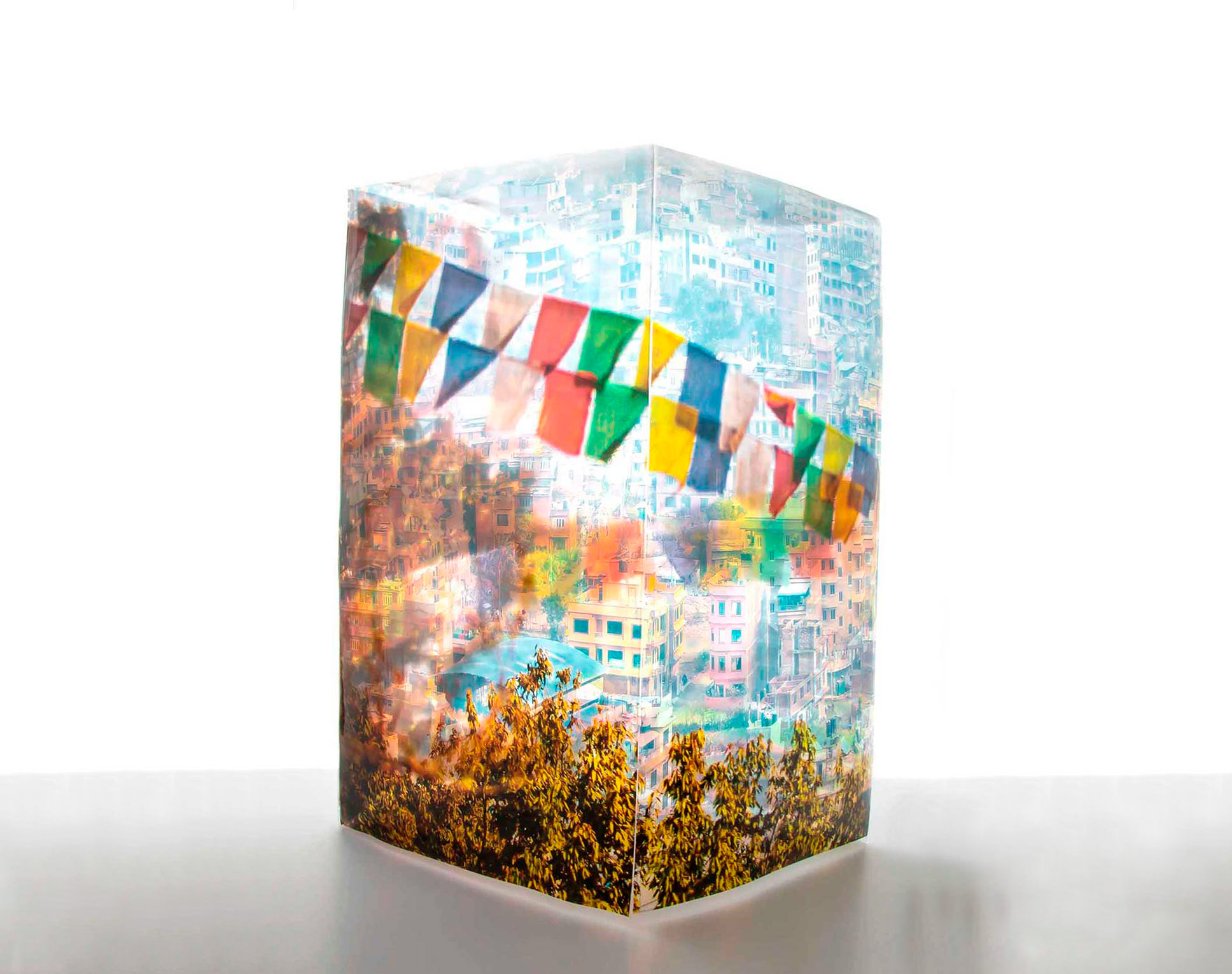 Photographic transparent sheet of Monkey Temple, Nepal, fused together to create a three-dimensional box.