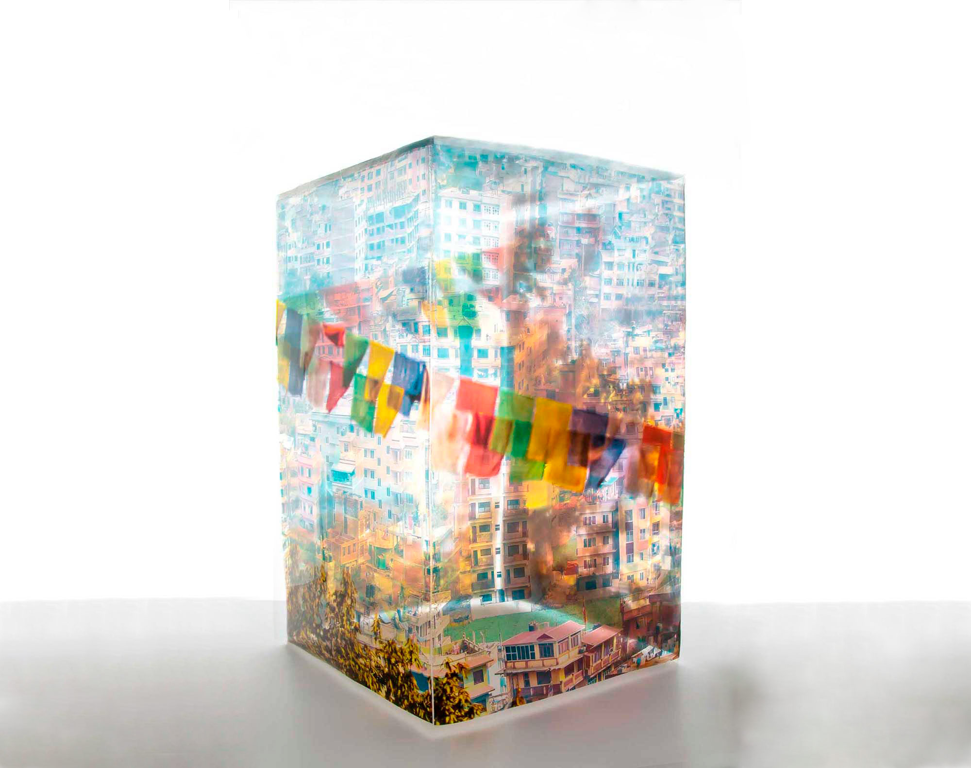 Photographic transparent sheet of Monkey Temple, Nepal, fused together to create a three-dimensional box.