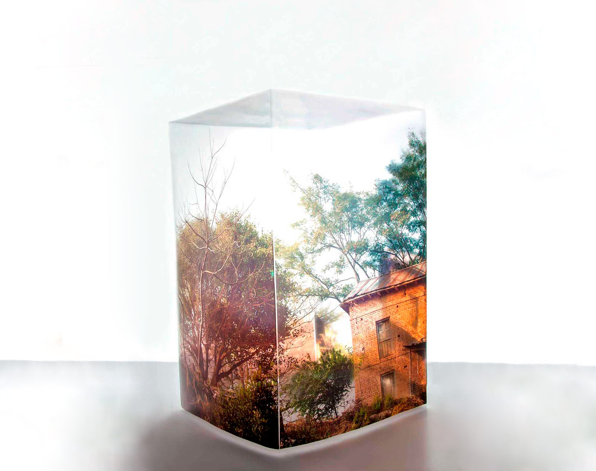 Photographic transparent sheet of the Himalayan Mountainside, Nepal, fused together to create a three-dimensional box.