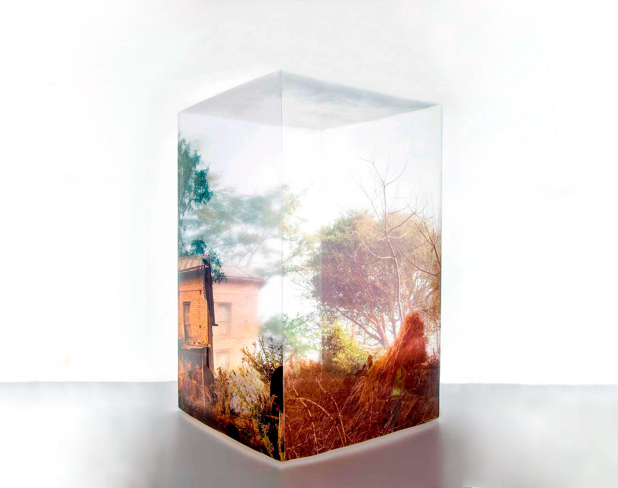 Photographic transparent sheet of the Himalayan Mountainside, Nepal, fused together to create a three-dimensional box.