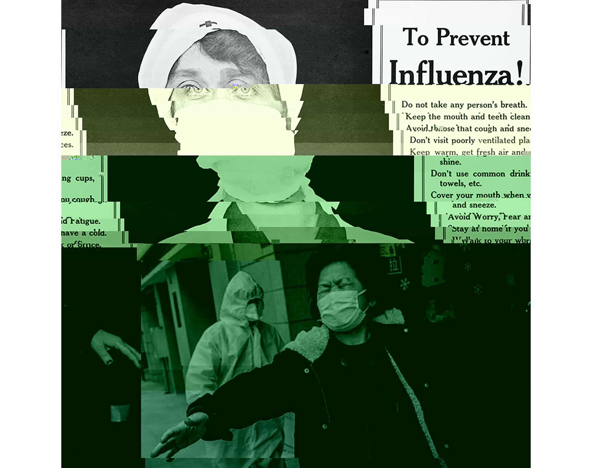 An image of a person wearing a mask and being disinfected during COVID-19 and an image of a flier with guidelines on how to prevent influenza in the past. The images were digitally manipulated with the process of databending/ codehacking. 