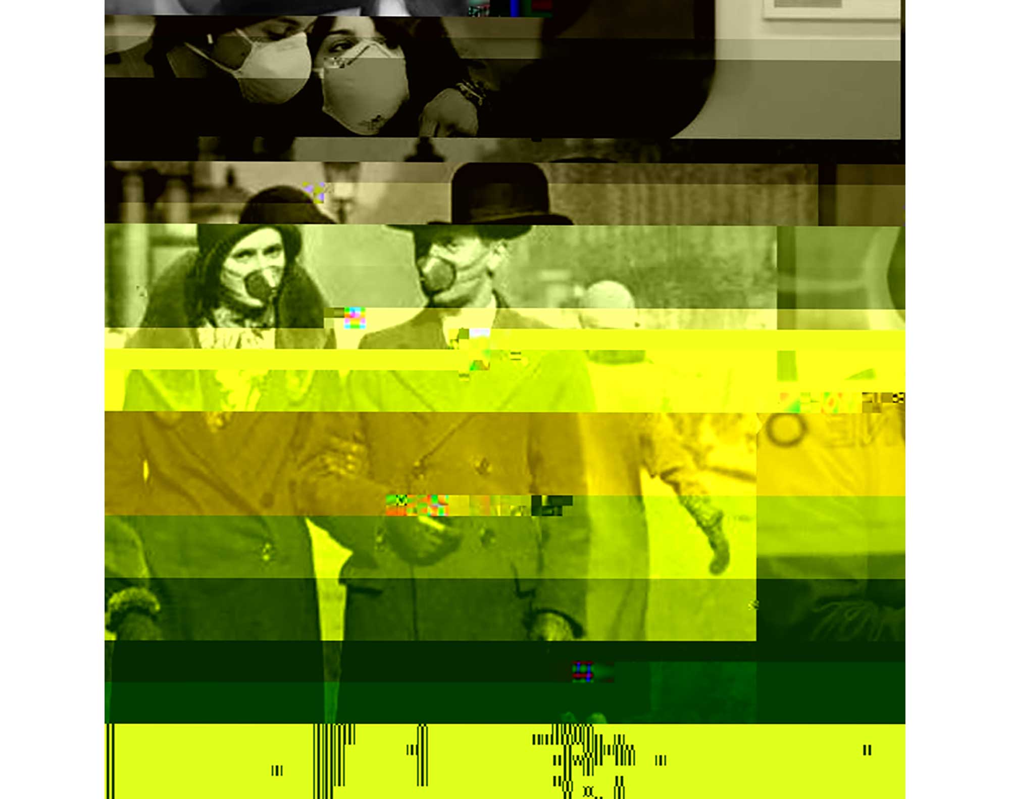 An image of a couple wearing masks during the Spanish flumerged with an image of a couple wearing masks riding the metro during COVID-19. The images were digitally manipulated with the process of data bending/code hacking.